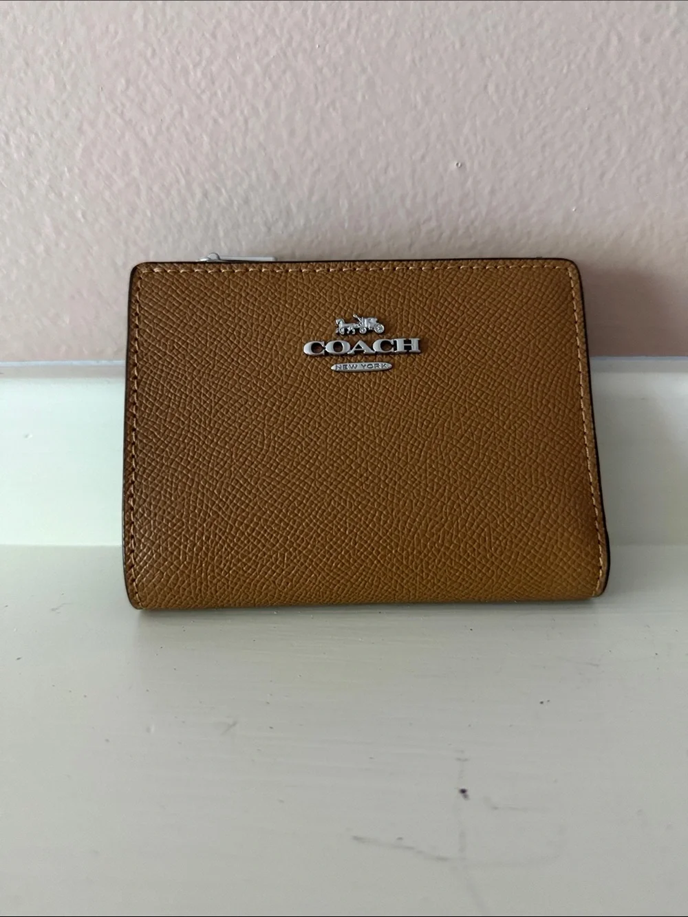 COACH Tan Pebbled Leather Zip Card Case with Logo